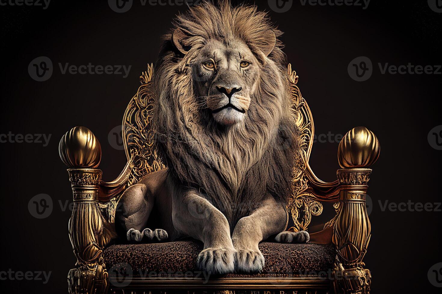 Golden shining king of beasts lion on a royal golden throne. photo
