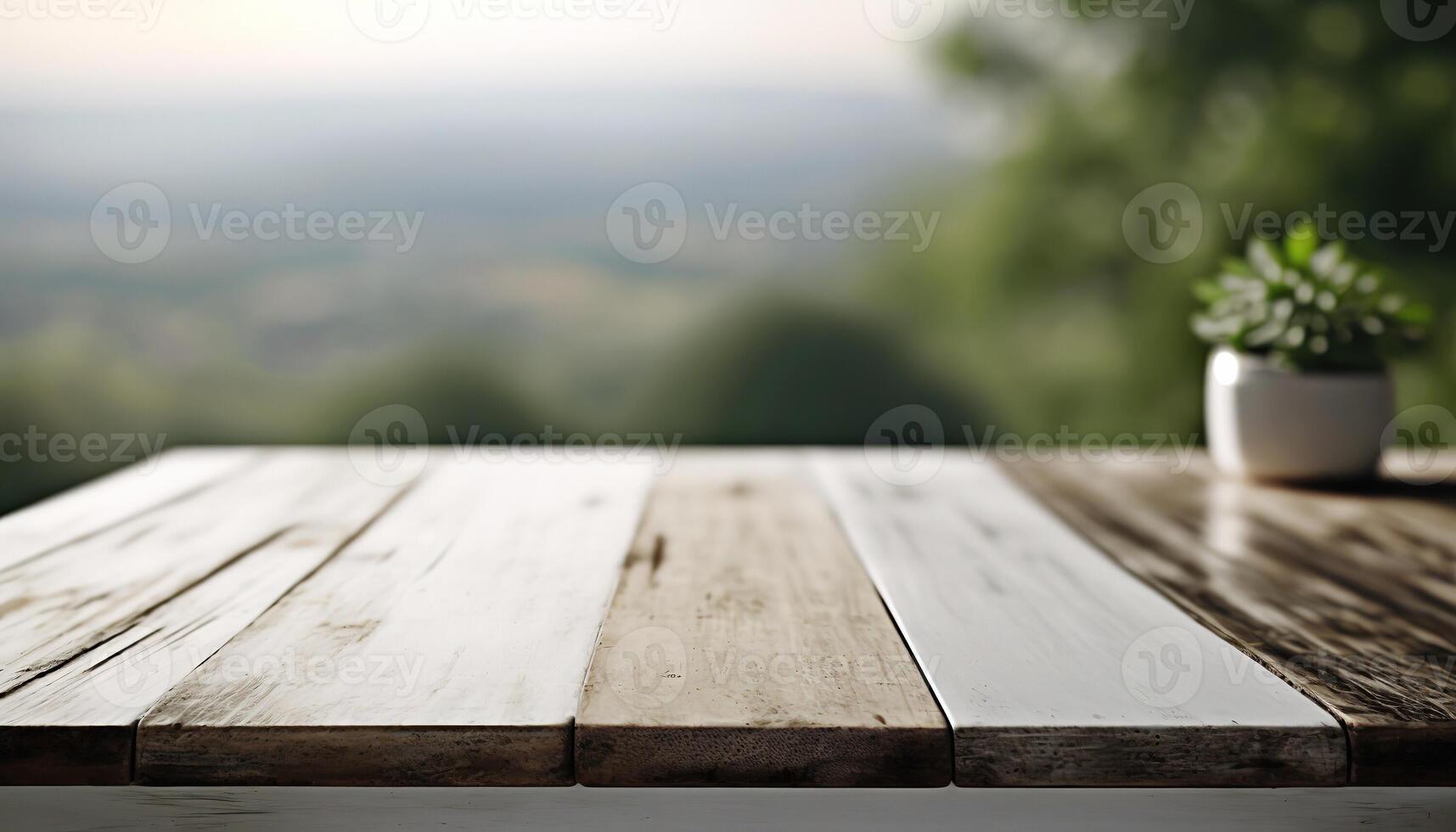 Empty table top and blurred landscape. Mock up for display or montage of product. photo