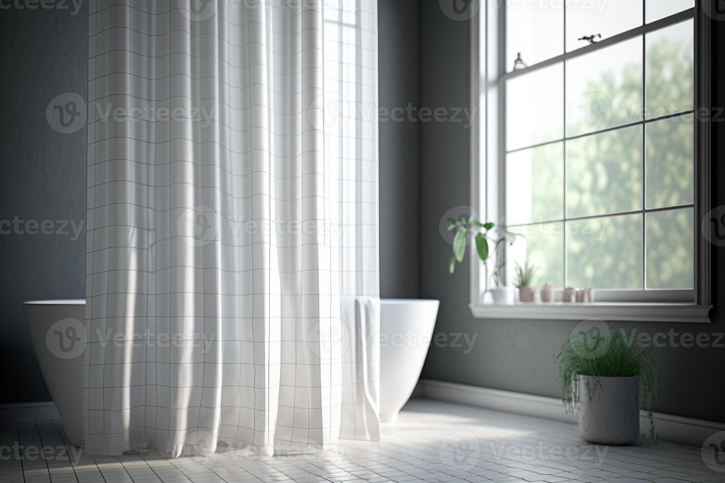 Contemporary checkered gauze shower curtain in the bathroom. . photo