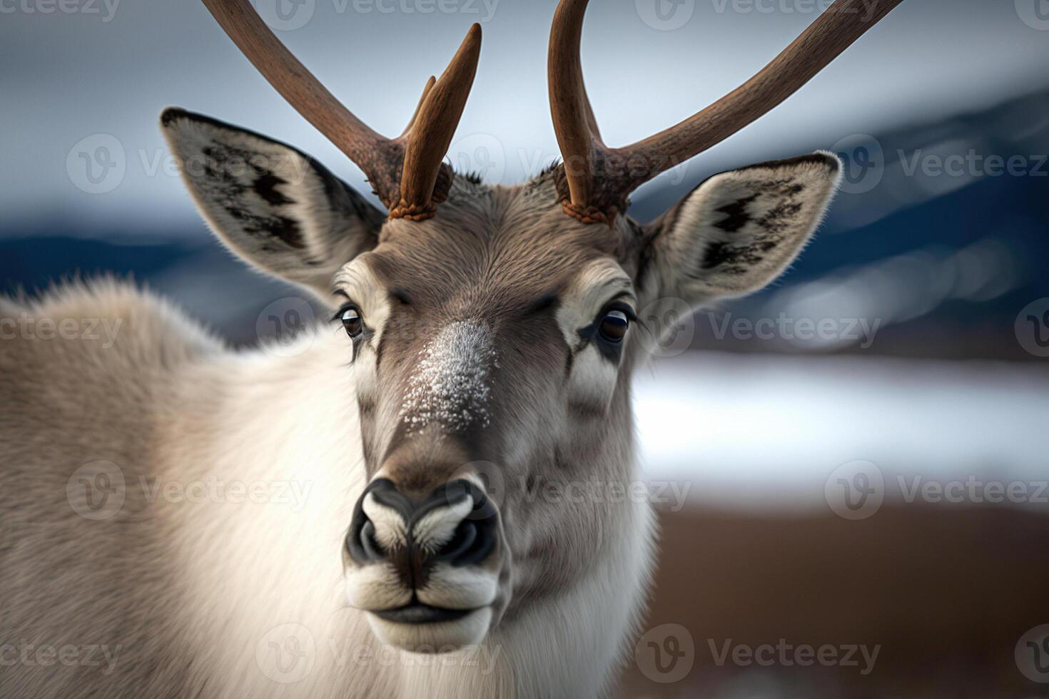 Close-up of a face of a reindeer with antlers on a winter background. photo