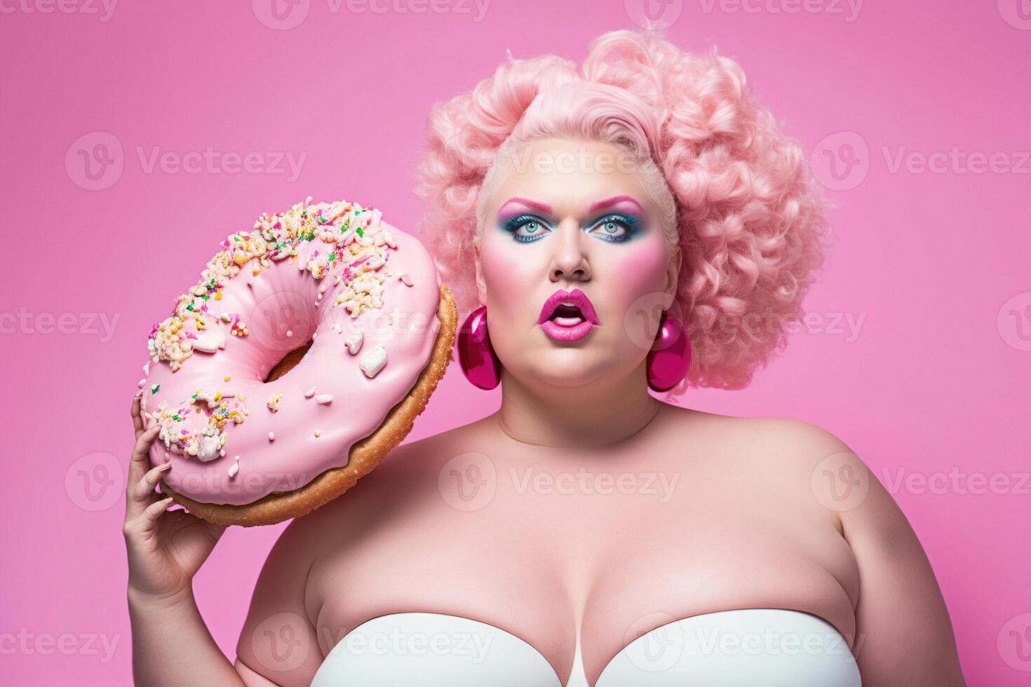 Model woman plus size on a pink background holding a large donut in pink icing. photo