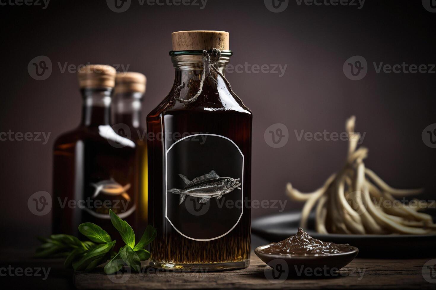Garum fish sauce on dark background. Generative AI 22972714 Stock Photo