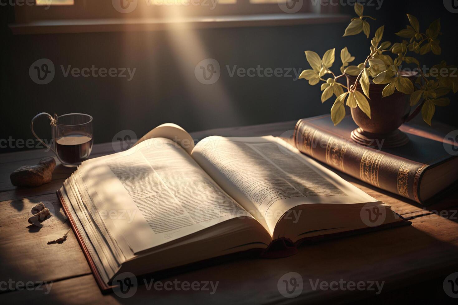 Open book on table with warm sunlight. photo