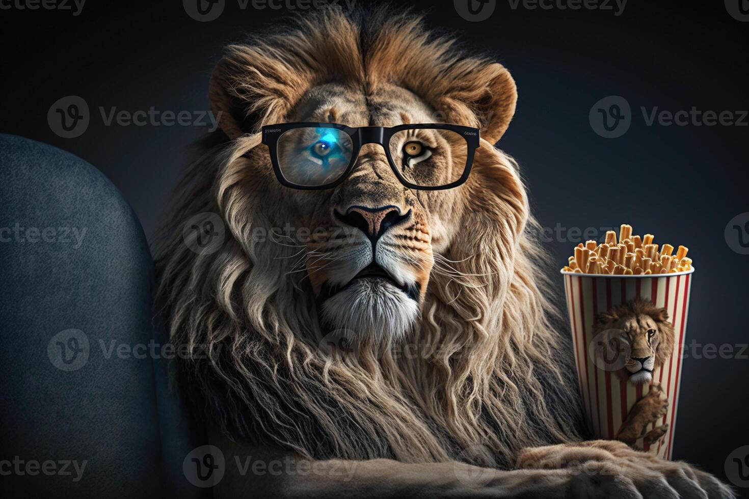 The lion sits in 3D glasses in the cinema with popcorn. . photo