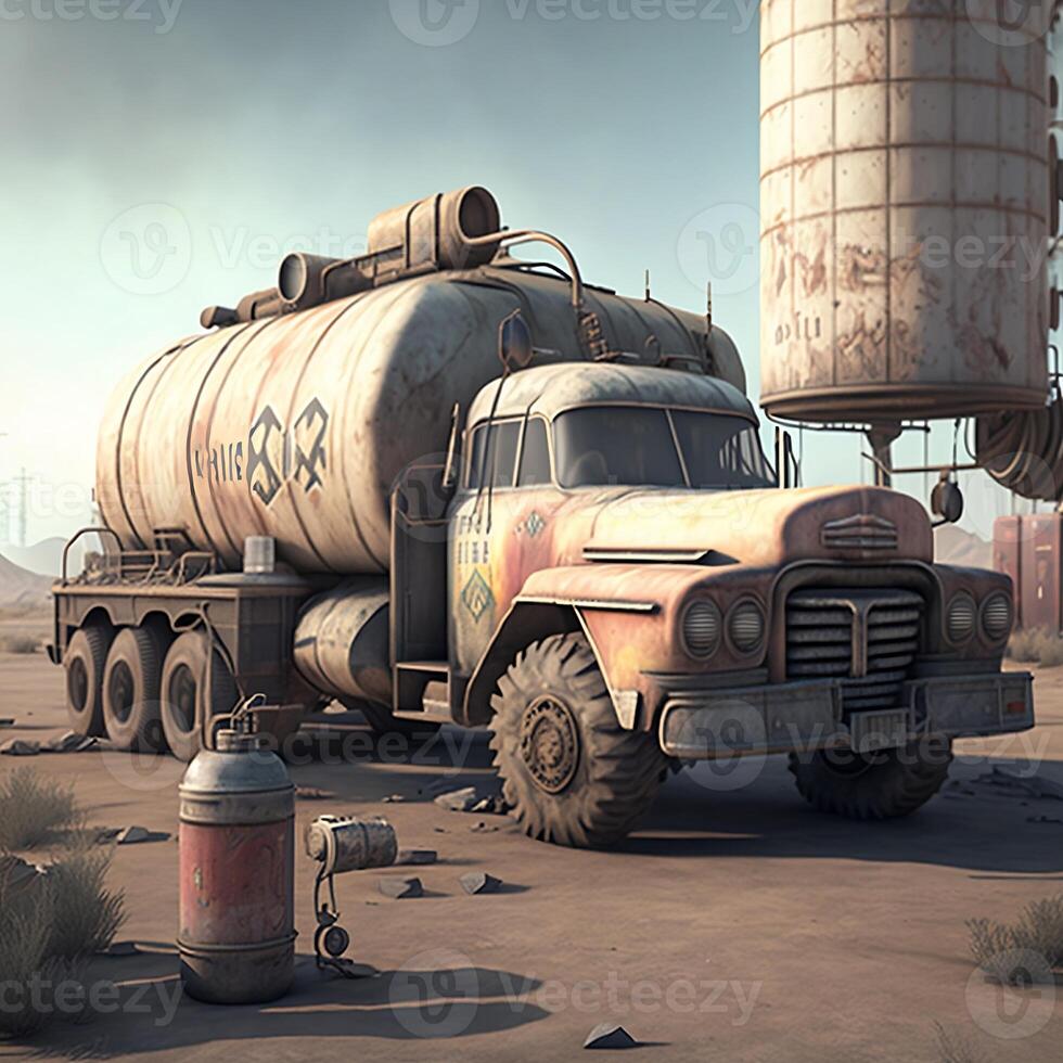 Old truck tanker in gas station. Fallout gaming style. photo