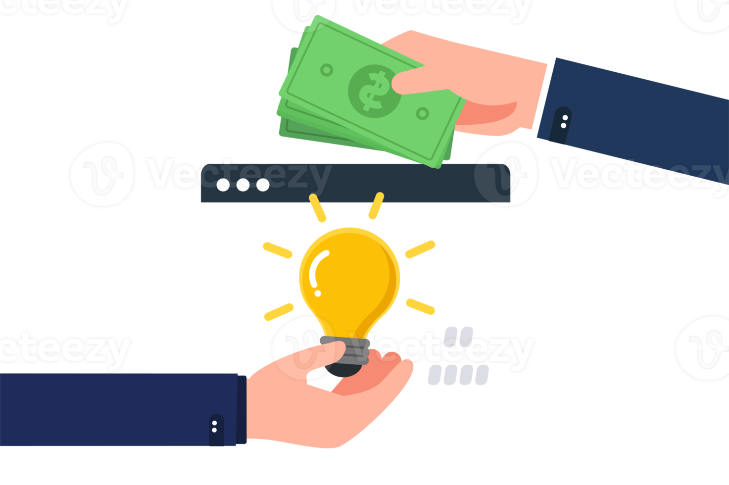 businessman hands with yellow shining bulb and money. creative idea and solution.Ideas exchange. png