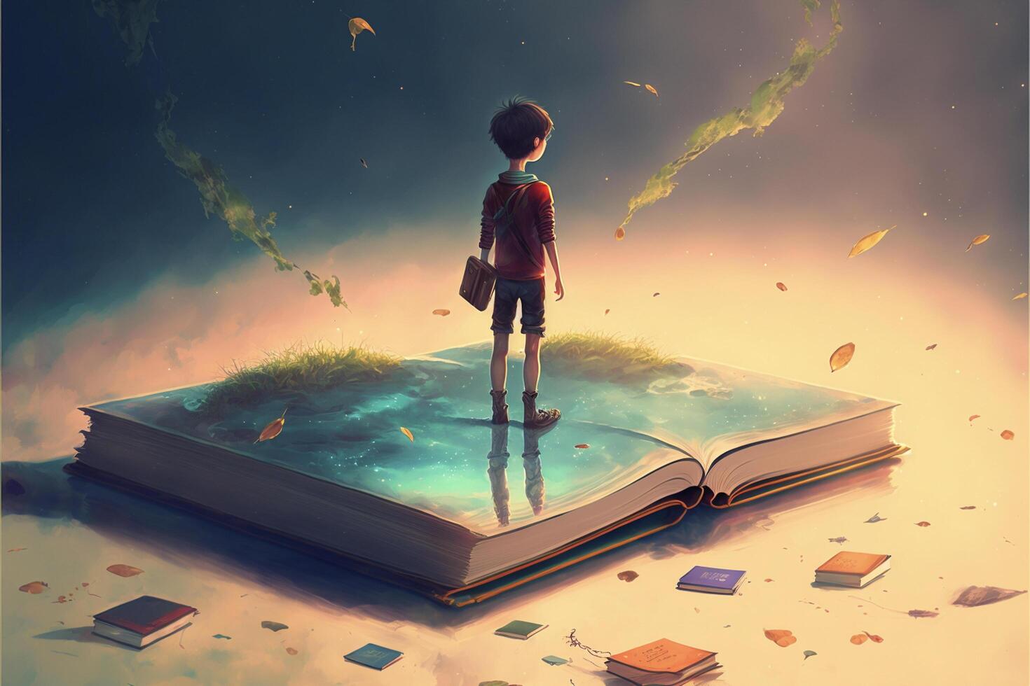 boy standing on top of an open book. . photo