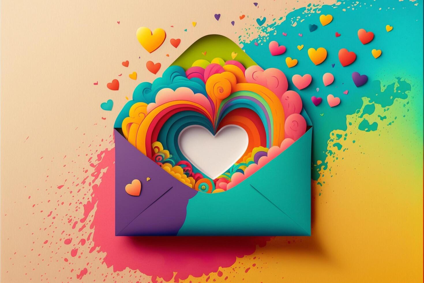 colorful envelope with hearts coming out of it. . photo