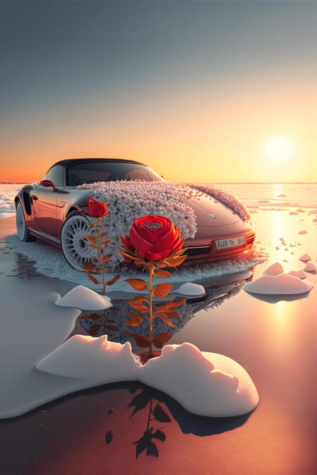 rojo Deportes coche cubierto en flores en el nieve. generativo ai. foto