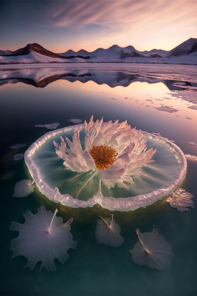 grande blanco flor flotante en parte superior de un cuerpo de agua. generativo ai. foto