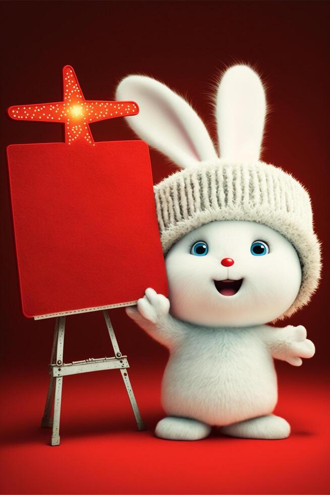 white rabbit standing next to a red easel. . photo