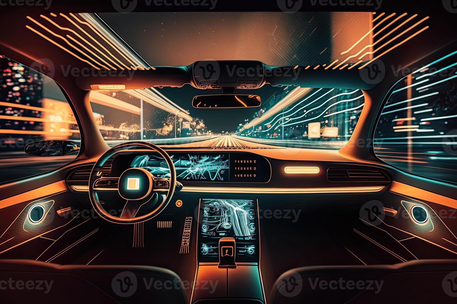 artificial inteligencia gestiona transporte. tecnológico coche sin un conductor. ai y automóvil futuro ciber generativo ai ilustración foto
