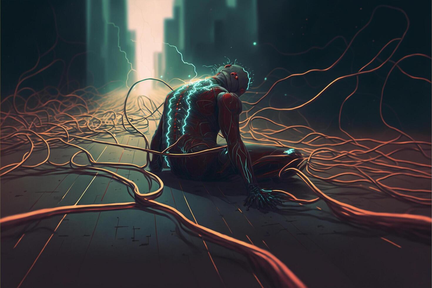 man sitting on the ground surrounded by wires. . photo