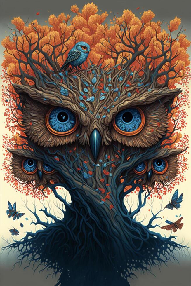 a painting of an owl sitting on top of a tree. . photo