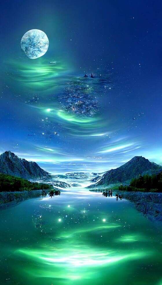 grande cuerpo de agua con verde luces en el cielo. generativo ai. foto