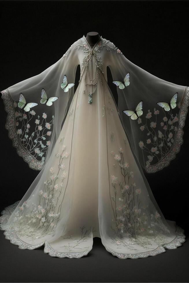 white wedding dress with butterflies on it. . photo