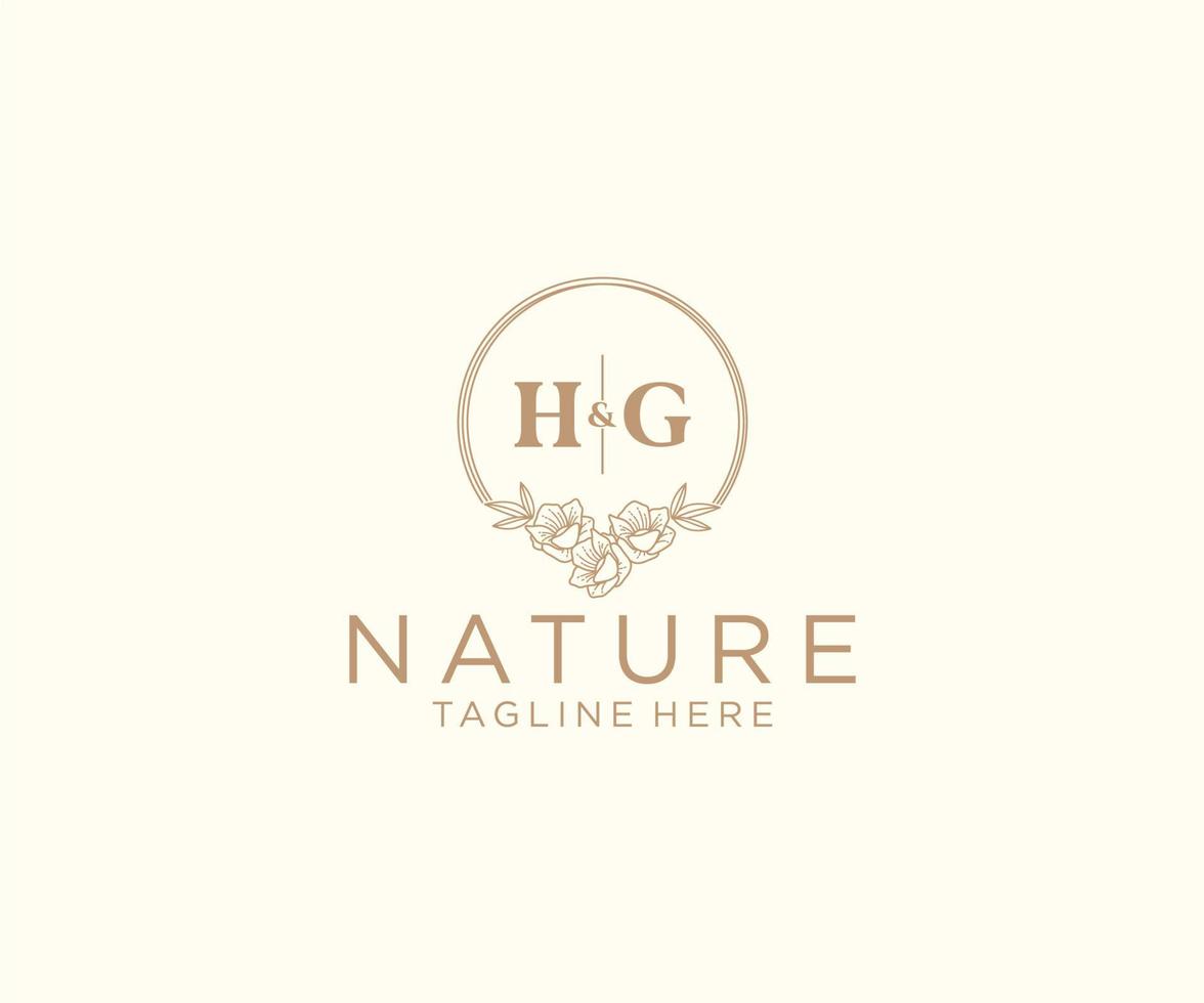 initial HG letters floral frames. Botanical feminine editable premade monoline unique decoration for greeting card, wedding invitation. vector