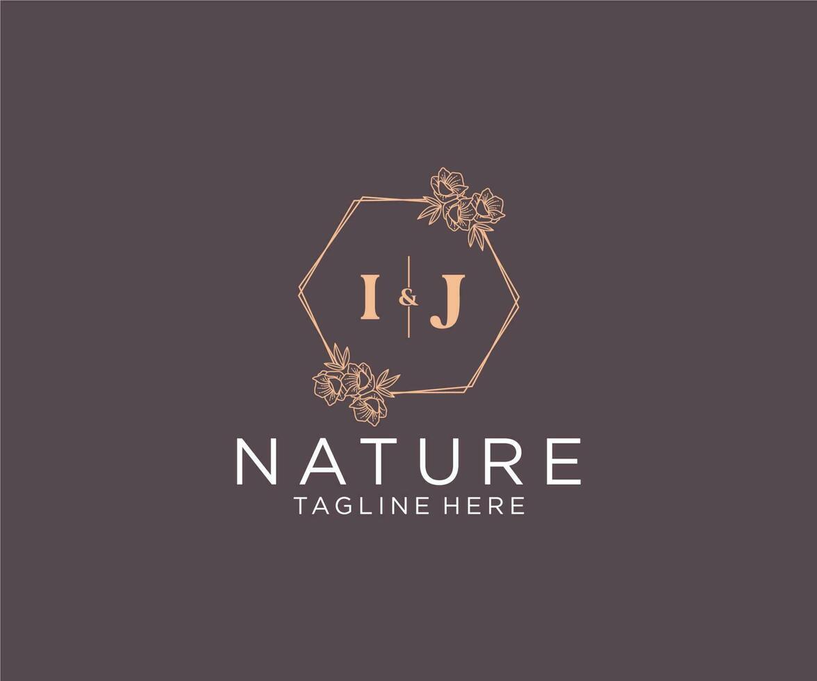 initial IJ letters floral frames. Botanical feminine editable premade monoline unique decoration for greeting card, wedding invitation. vector