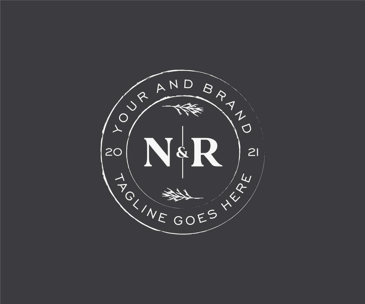 initial NR letters floral frames. Botanical feminine editable premade monoline unique decoration for greeting card, wedding invitation. vector