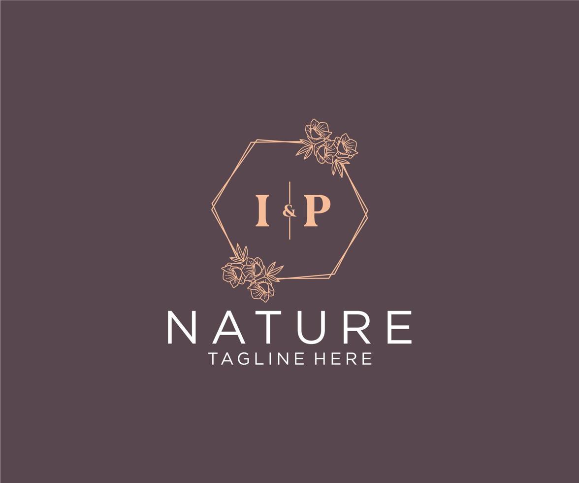 initial IP letters floral frames. Botanical feminine editable premade monoline unique decoration for greeting card, wedding invitation. vector