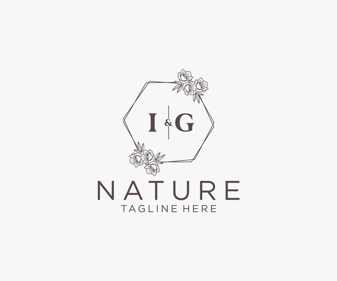 initial IG letters floral frames. Botanical feminine editable premade monoline unique decoration for greeting card, wedding invitation. vector