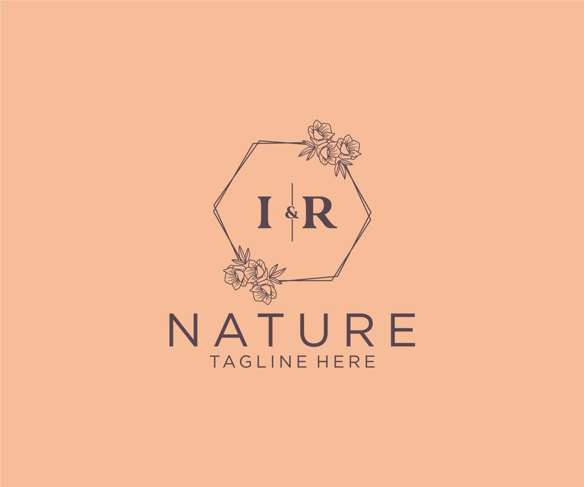 initial IR letters floral frames. Botanical feminine editable premade monoline unique decoration for greeting card, wedding invitation. vector