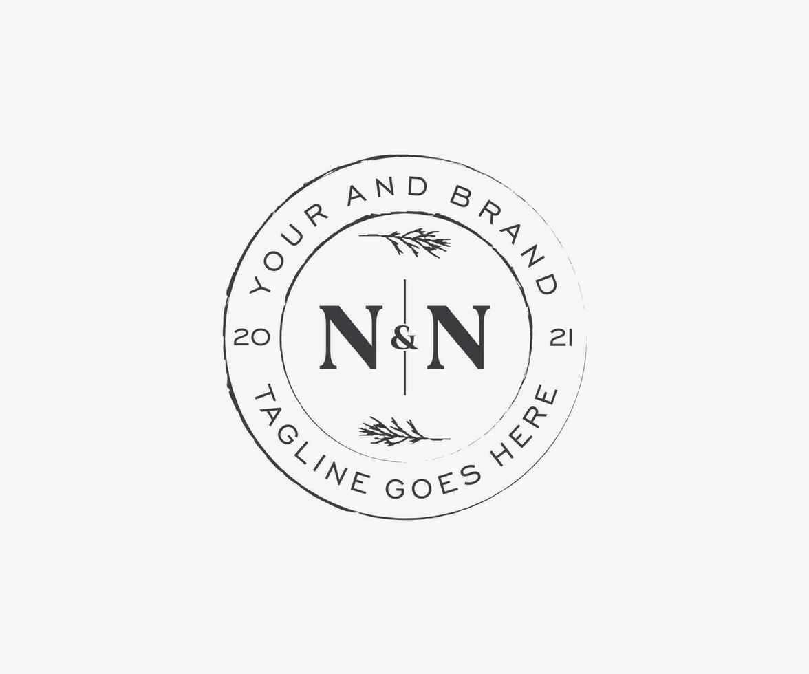 initial NN letters floral frames. Botanical feminine editable premade monoline unique decoration for greeting card, wedding invitation. vector