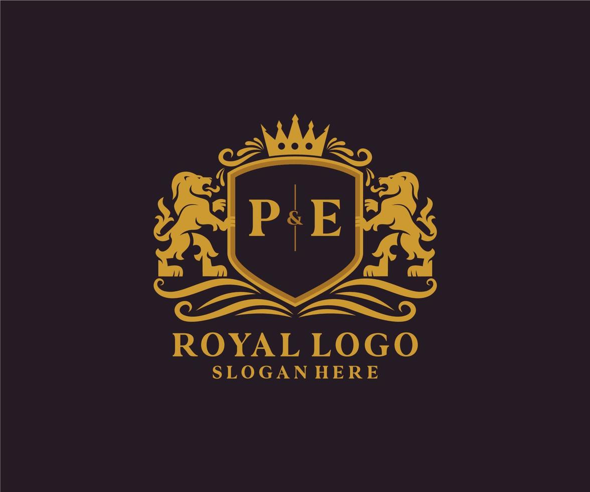 Initial PE Letter Lion Royal Luxury Logo template in vector art for Restaurant, Royalty, Boutique, Cafe, Hotel, Heraldic, Jewelry, Fashion and other vector illustration.