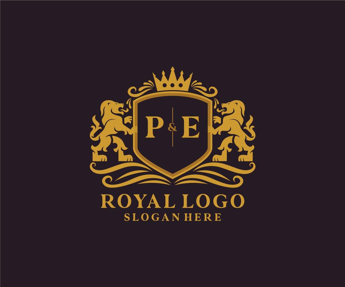 plantilla de logotipo de lujo real de león de letra pe inicial en arte vectorial para restaurante, realeza, boutique, cafetería, hotel, heráldica, joyería, moda y otras ilustraciones vectoriales. vector