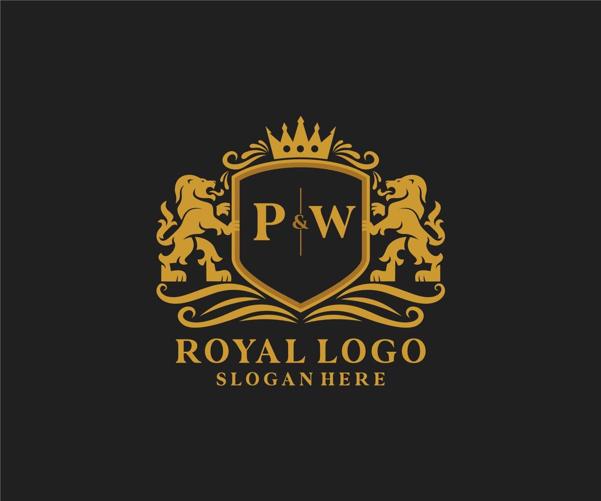 Initial PW Letter Lion Royal Luxury Logo template in vector art for Restaurant, Royalty, Boutique, Cafe, Hotel, Heraldic, Jewelry, Fashion and other vector illustration.