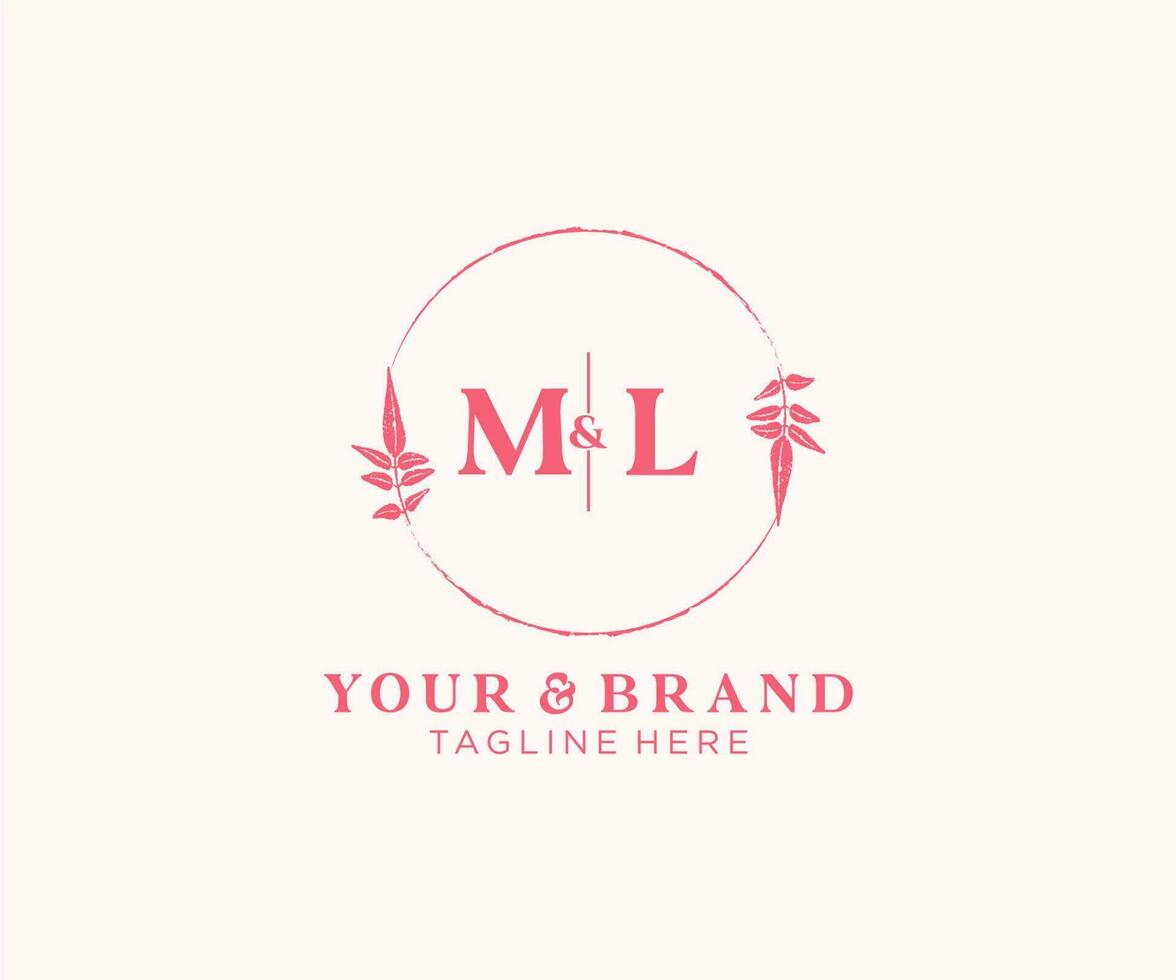 initial ML letters floral frames. Botanical feminine editable premade monoline unique decoration for greeting card, wedding invitation. vector