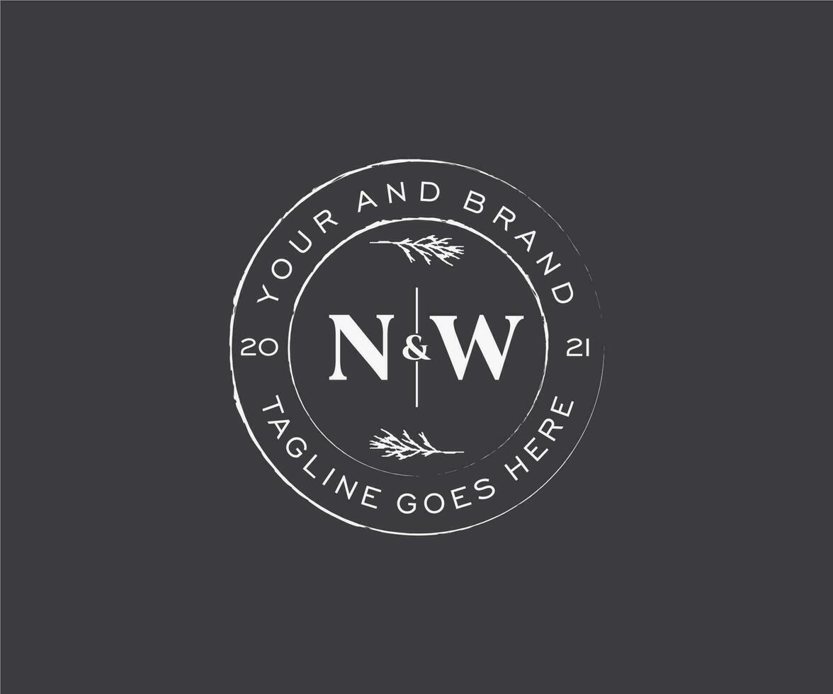 initial NW letters floral frames. Botanical feminine editable premade monoline unique decoration for greeting card, wedding invitation. vector
