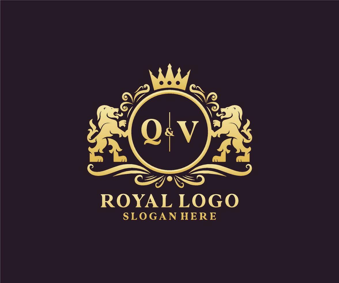 Initial QV Letter Lion Royal Luxury Logo template in vector art for Restaurant, Royalty, Boutique, Cafe, Hotel, Heraldic, Jewelry, Fashion and other vector illustration.