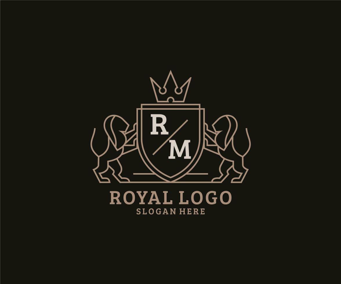 Initial RM Letter Lion Royal Luxury Logo template in vector art for Restaurant, Royalty, Boutique, Cafe, Hotel, Heraldic, Jewelry, Fashion and other vector illustration.