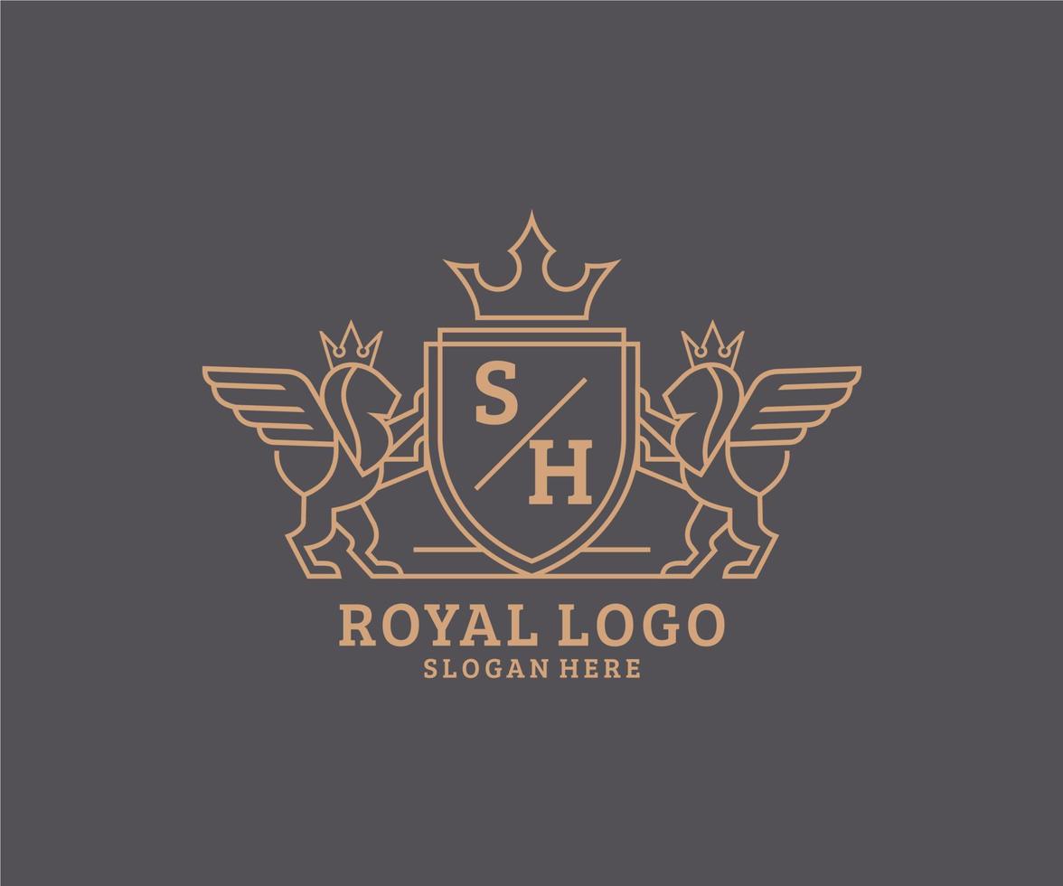 Initial SH Letter Lion Royal Luxury Heraldic,Crest Logo template in vector art for Restaurant, Royalty, Boutique, Cafe, Hotel, Heraldic, Jewelry, Fashion and other vector illustration.