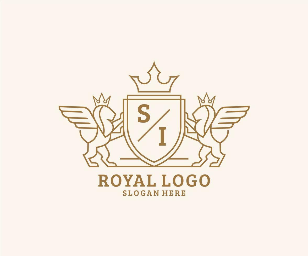 Initial SI Letter Lion Royal Luxury Heraldic,Crest Logo template in vector art for Restaurant, Royalty, Boutique, Cafe, Hotel, Heraldic, Jewelry, Fashion and other vector illustration.