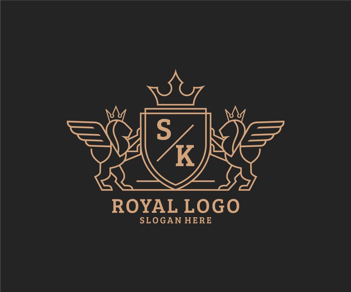 Initial SK Letter Lion Royal Luxury Heraldic,Crest Logo template in vector art for Restaurant, Royalty, Boutique, Cafe, Hotel, Heraldic, Jewelry, Fashion and other vector illustration.