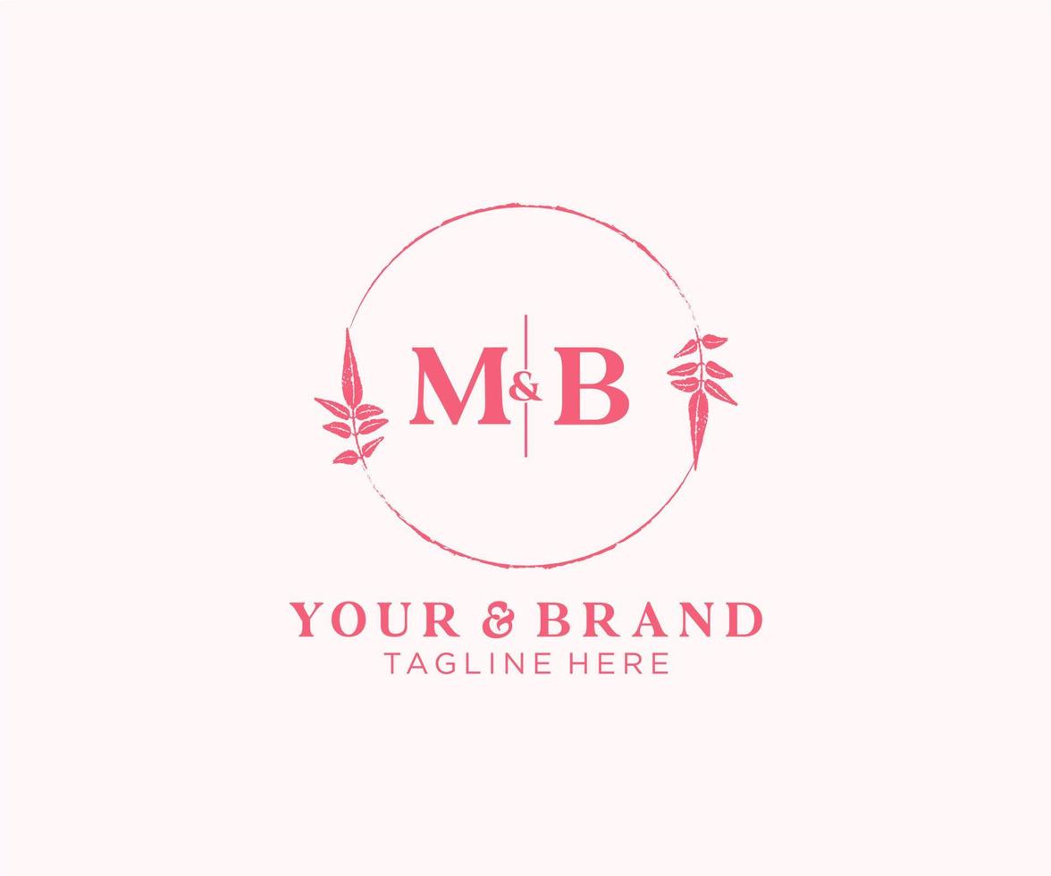 initial MB letters floral frames. Botanical feminine editable premade monoline unique decoration for greeting card, wedding invitation. vector