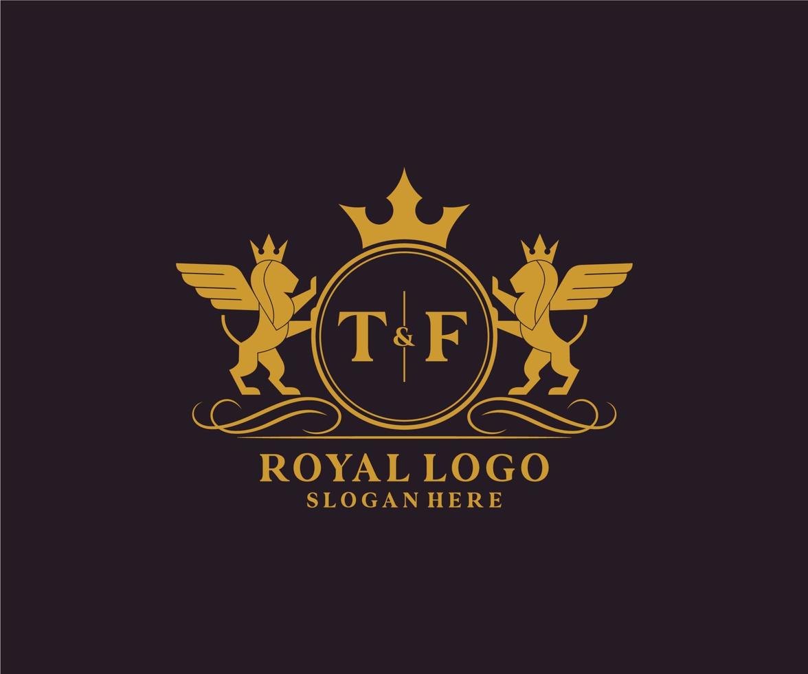 Initial TF Letter Lion Royal Luxury Heraldic,Crest Logo template in vector art for Restaurant, Royalty, Boutique, Cafe, Hotel, Heraldic, Jewelry, Fashion and other vector illustration.