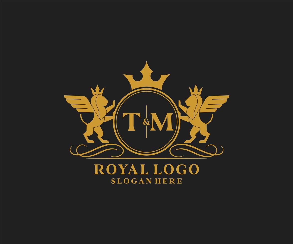 Initial TM Letter Lion Royal Luxury Heraldic,Crest Logo template in vector art for Restaurant, Royalty, Boutique, Cafe, Hotel, Heraldic, Jewelry, Fashion and other vector illustration.