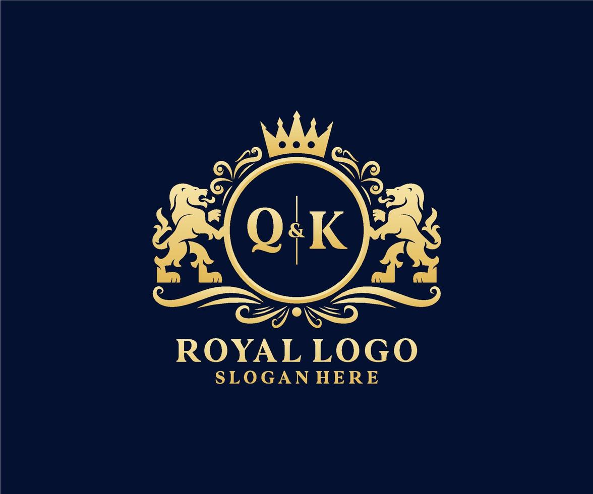 Initial QK Letter Lion Royal Luxury Logo template in vector art for Restaurant, Royalty, Boutique, Cafe, Hotel, Heraldic, Jewelry, Fashion and other vector illustration.
