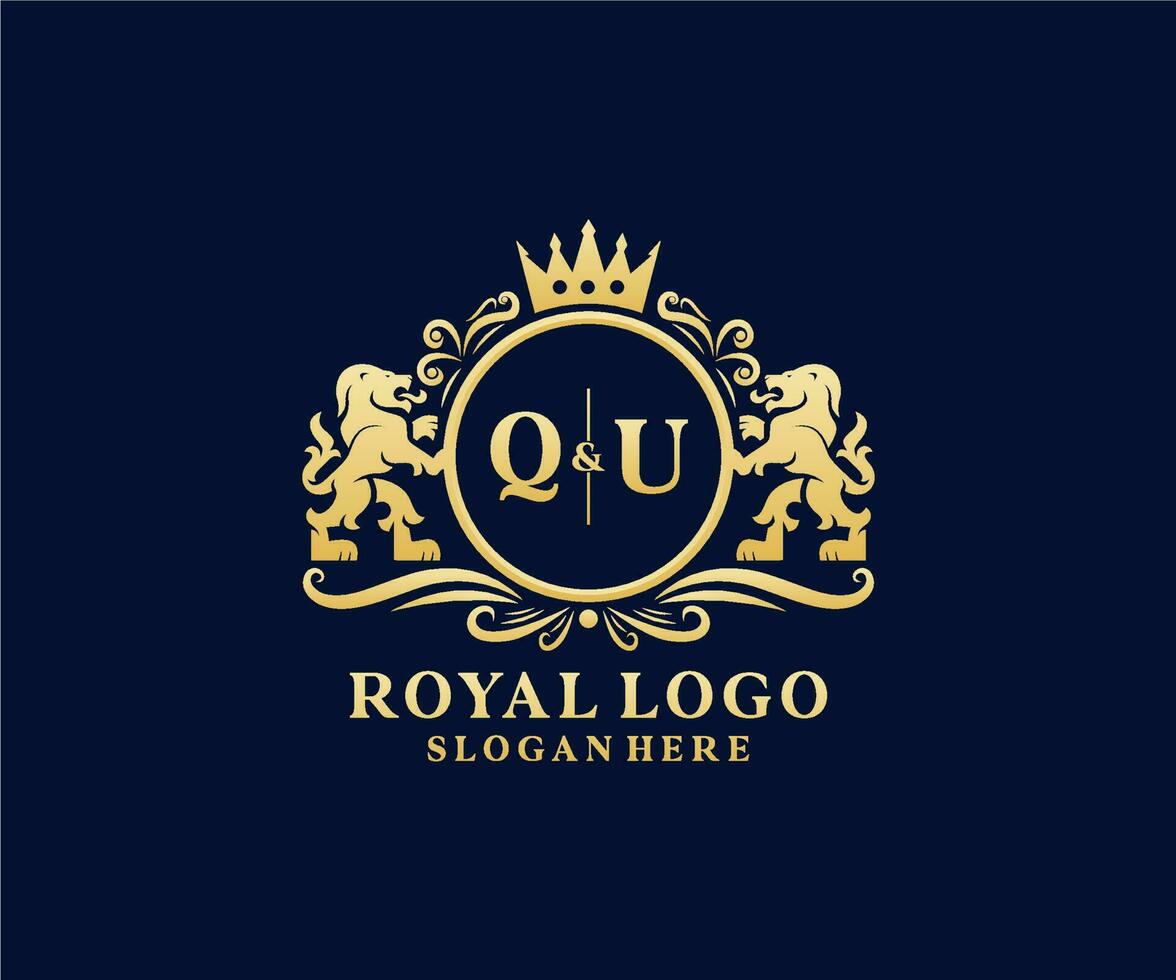 Initial QU Letter Lion Royal Luxury Logo template in vector art for Restaurant, Royalty, Boutique, Cafe, Hotel, Heraldic, Jewelry, Fashion and other vector illustration.