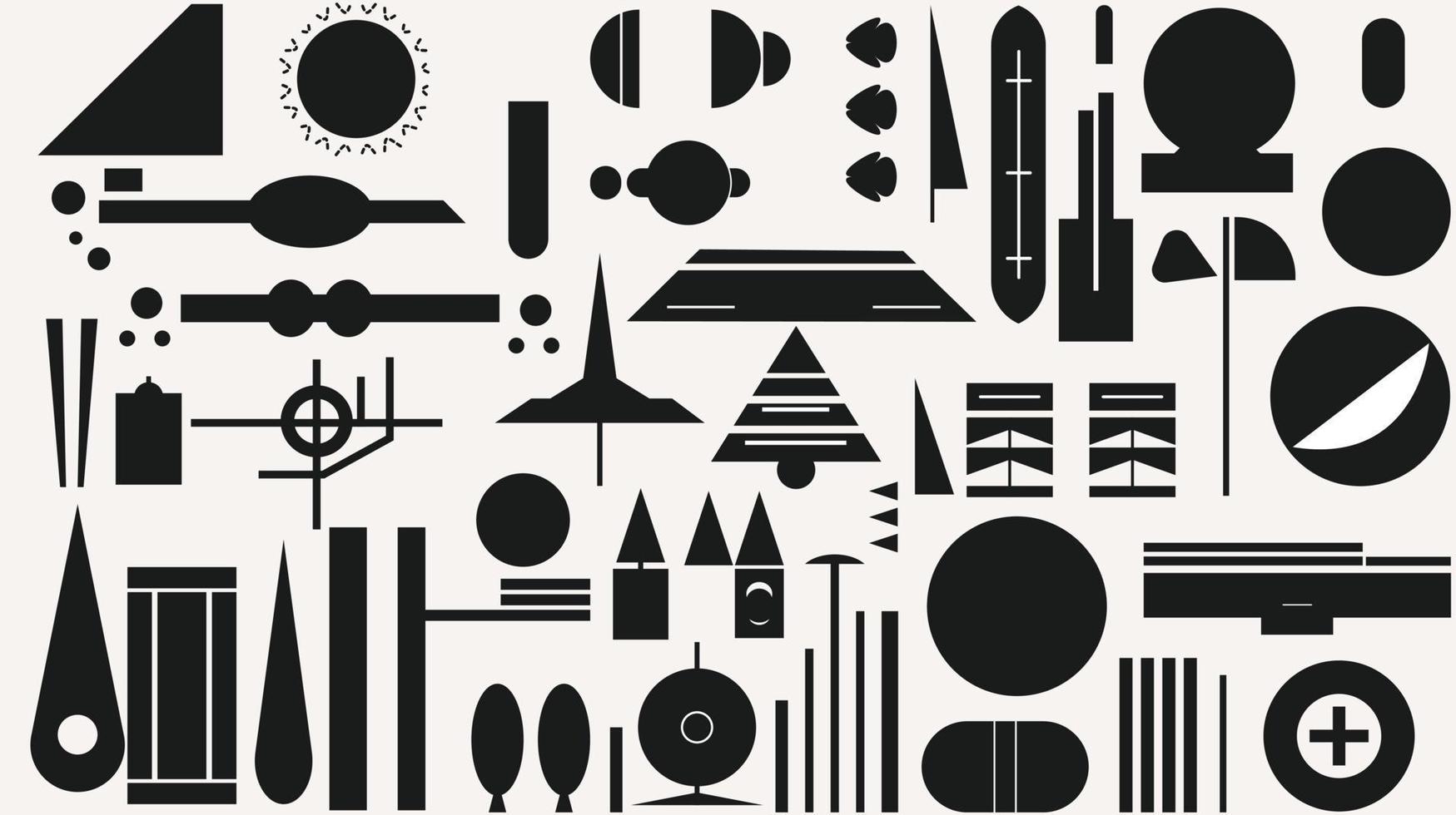 Vector set of minimalist brutalist design elements, bold, striking, contrasty, sharp, dramatic, monochromatic color scheme, brutalist design style