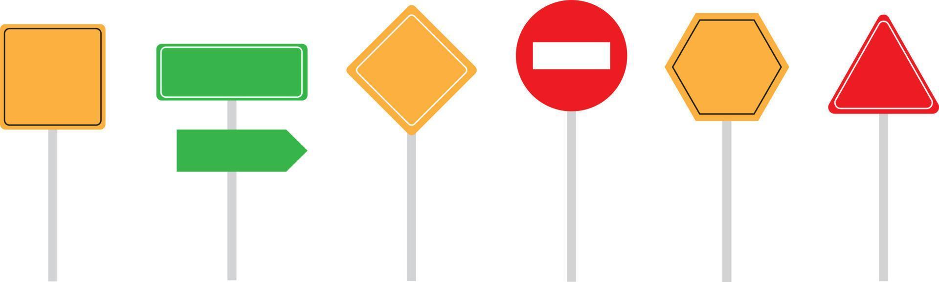 Blank traffic road sign set, empty street signs, colored isolated on white background, vector illustration.