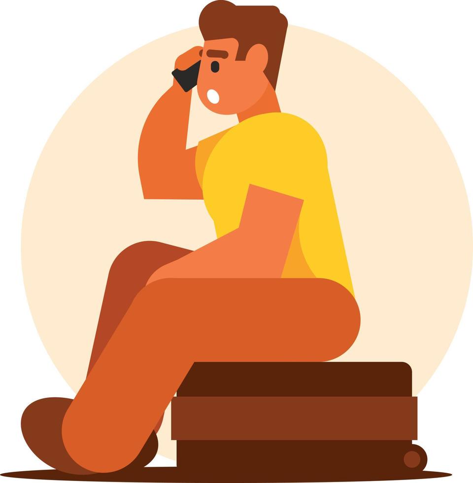 A Man Is Sitting On A Travel Suitcase And Using A Mobile Phone vector