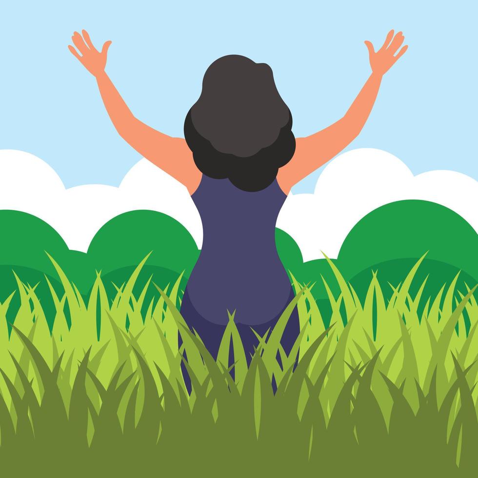 Woman Standing In The Grass With Her Hands Stretched Out vector