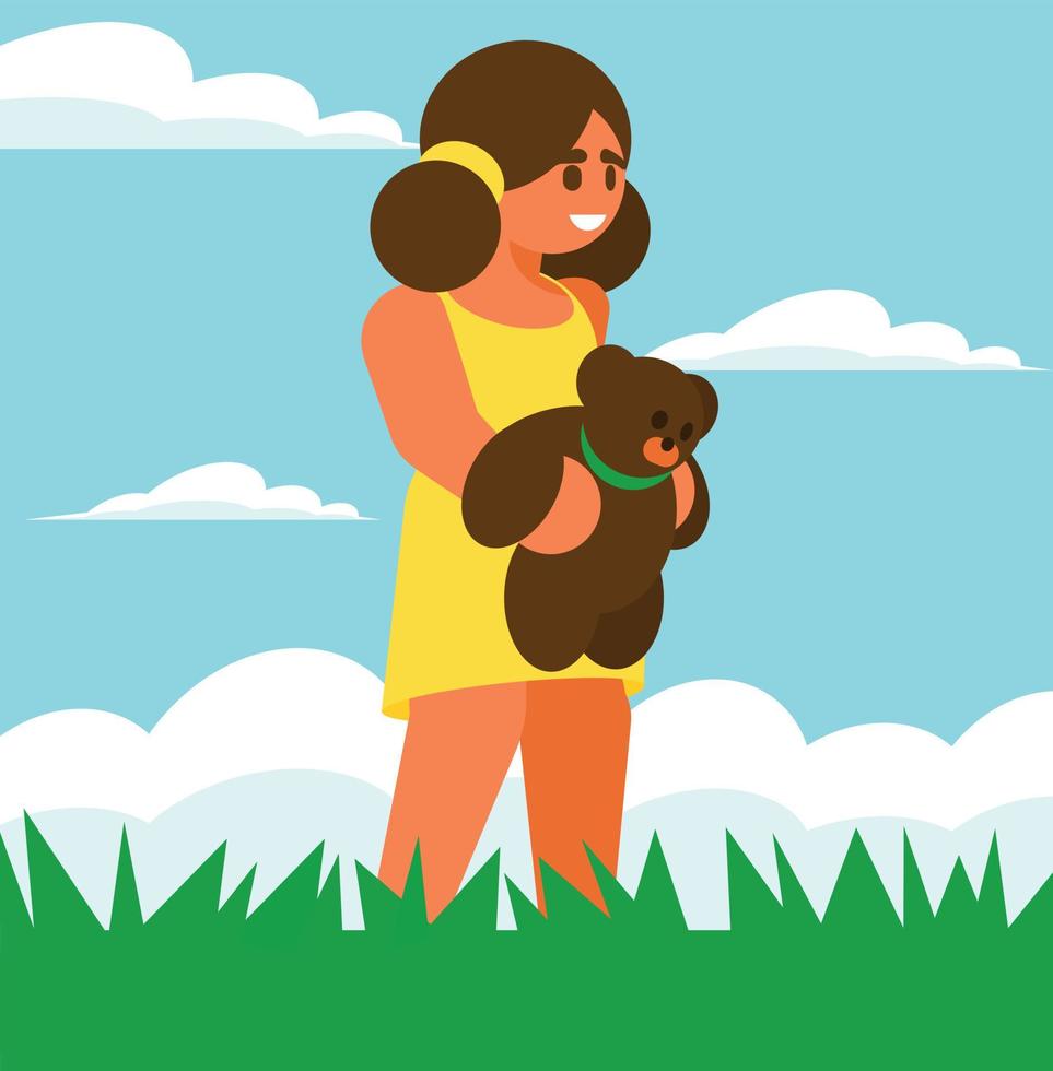 Girl Standing On The Grass And Holding A Teddy Bear vector