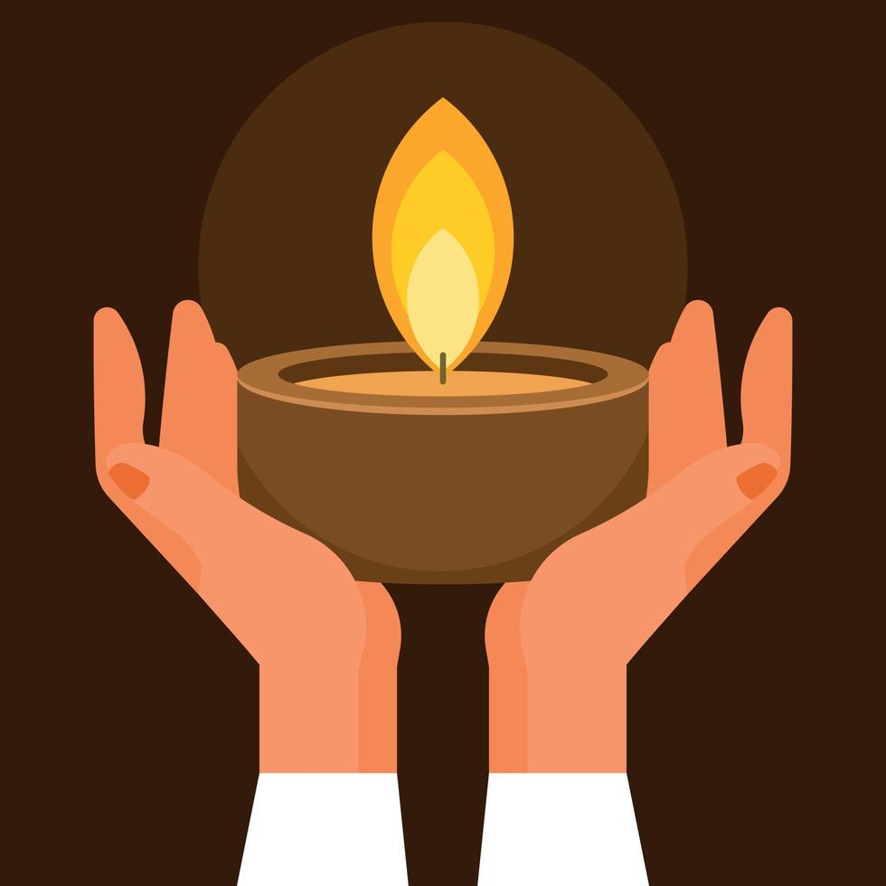 Hands Holding A Lit Candle In A Wooden Pot vector