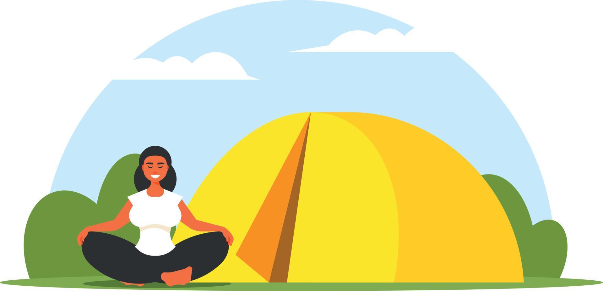 Female Camper Sitting In Front Of The Tent vector