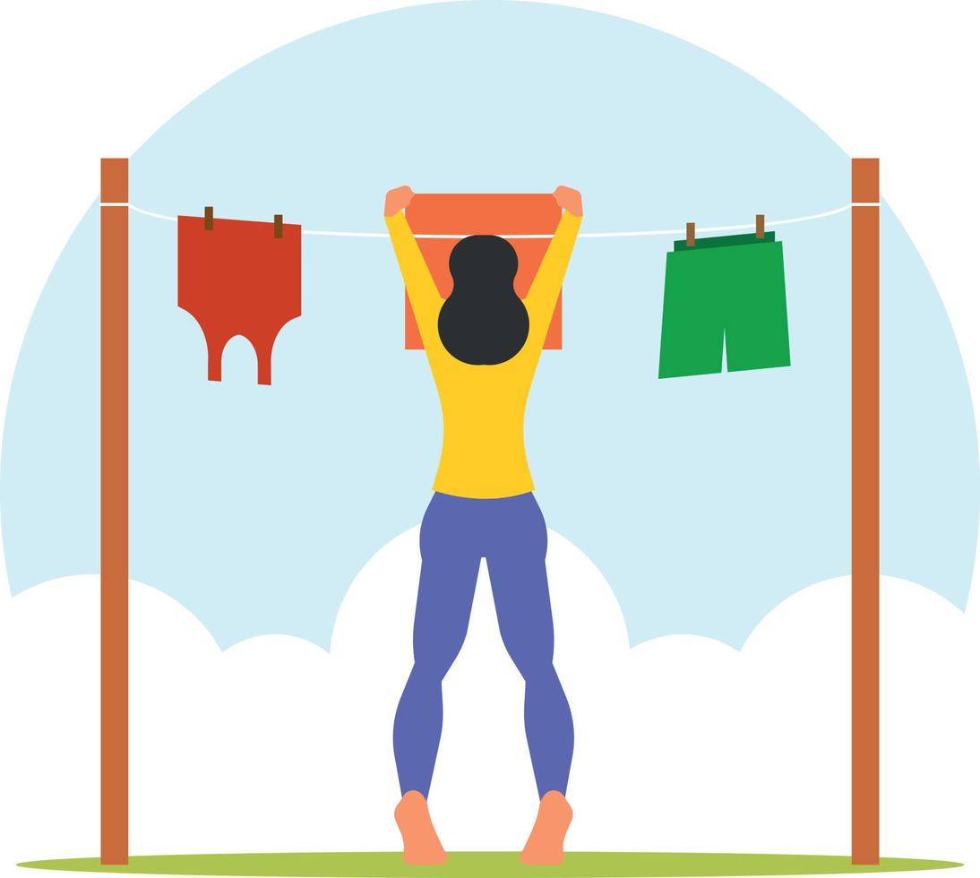 A Girl Is Drying Washed Clothes On The Hanger vector